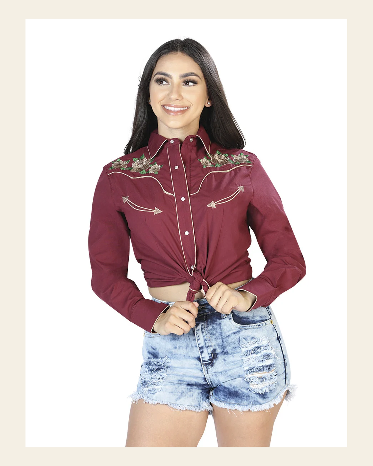 Women's Traditional Embroidered Western Shirt - Wine Floral 42965 on a warm cream background