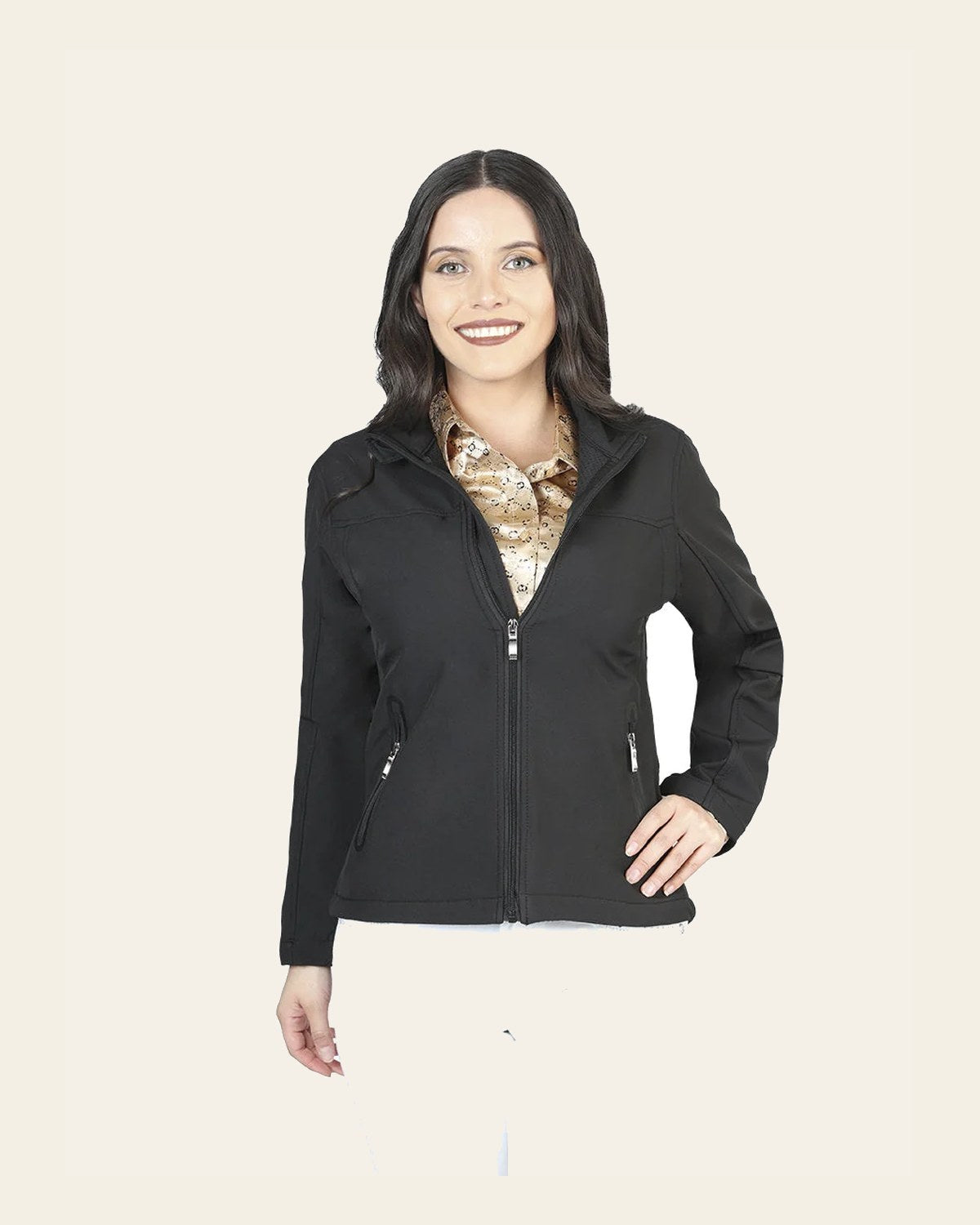 Womens Zipper Jacket Black 127081 on a warm cream background