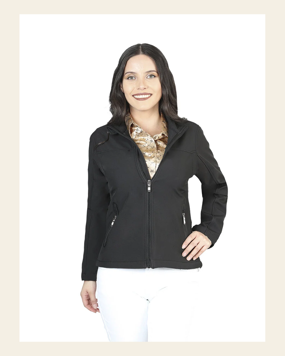Womens Zipper Jacket Black 127081 on a warm cream background