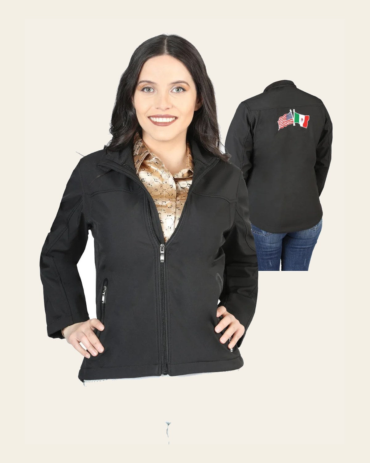 Womens Zipper Jacket Black 127084 on a warm cream background