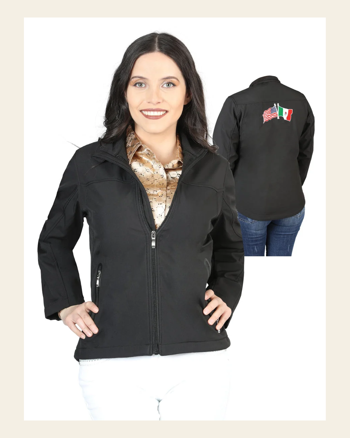 Womens Zipper Jacket Black 127084 on a warm cream background