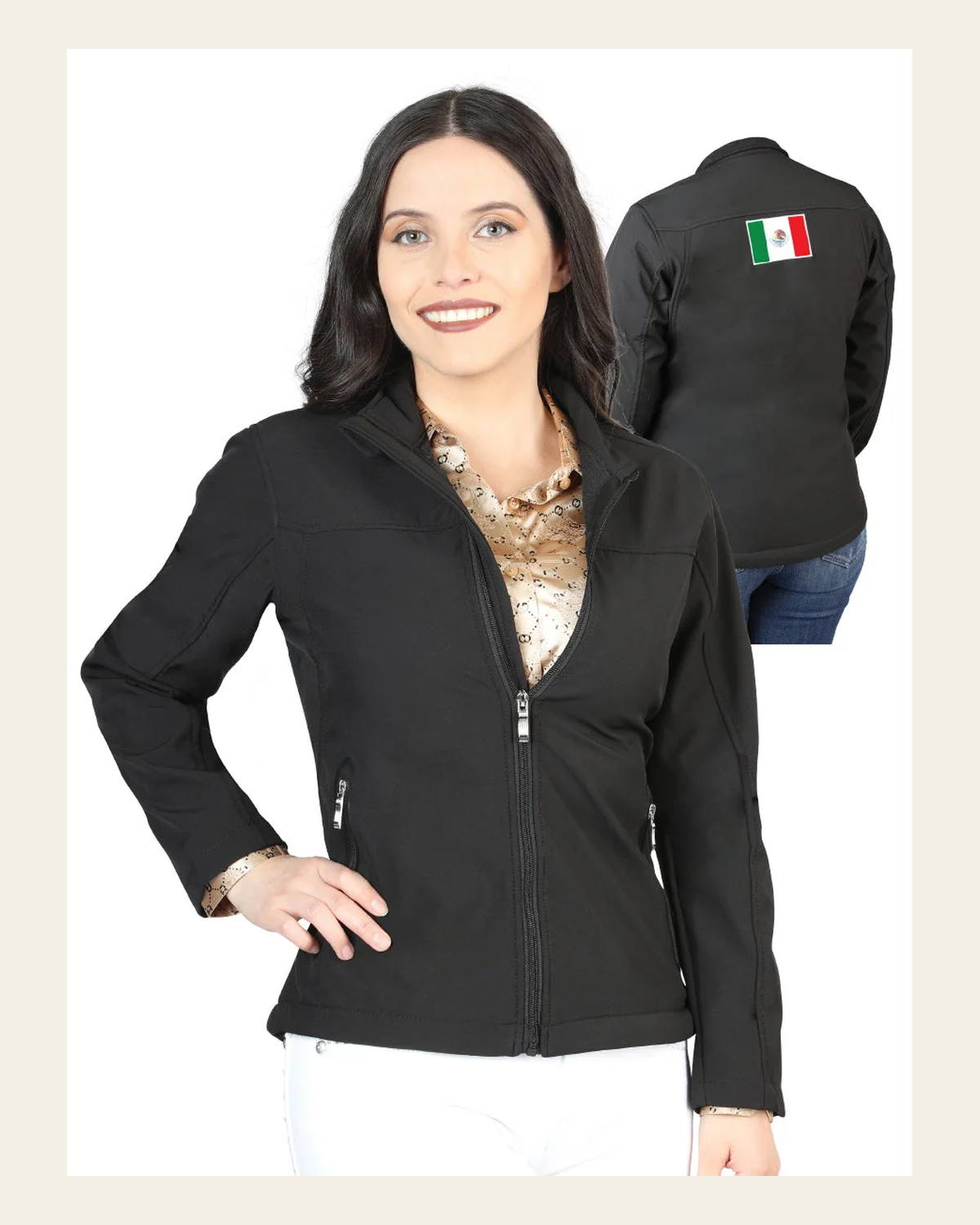 Womens Zipper Jacket Black 170075 on a warm cream background