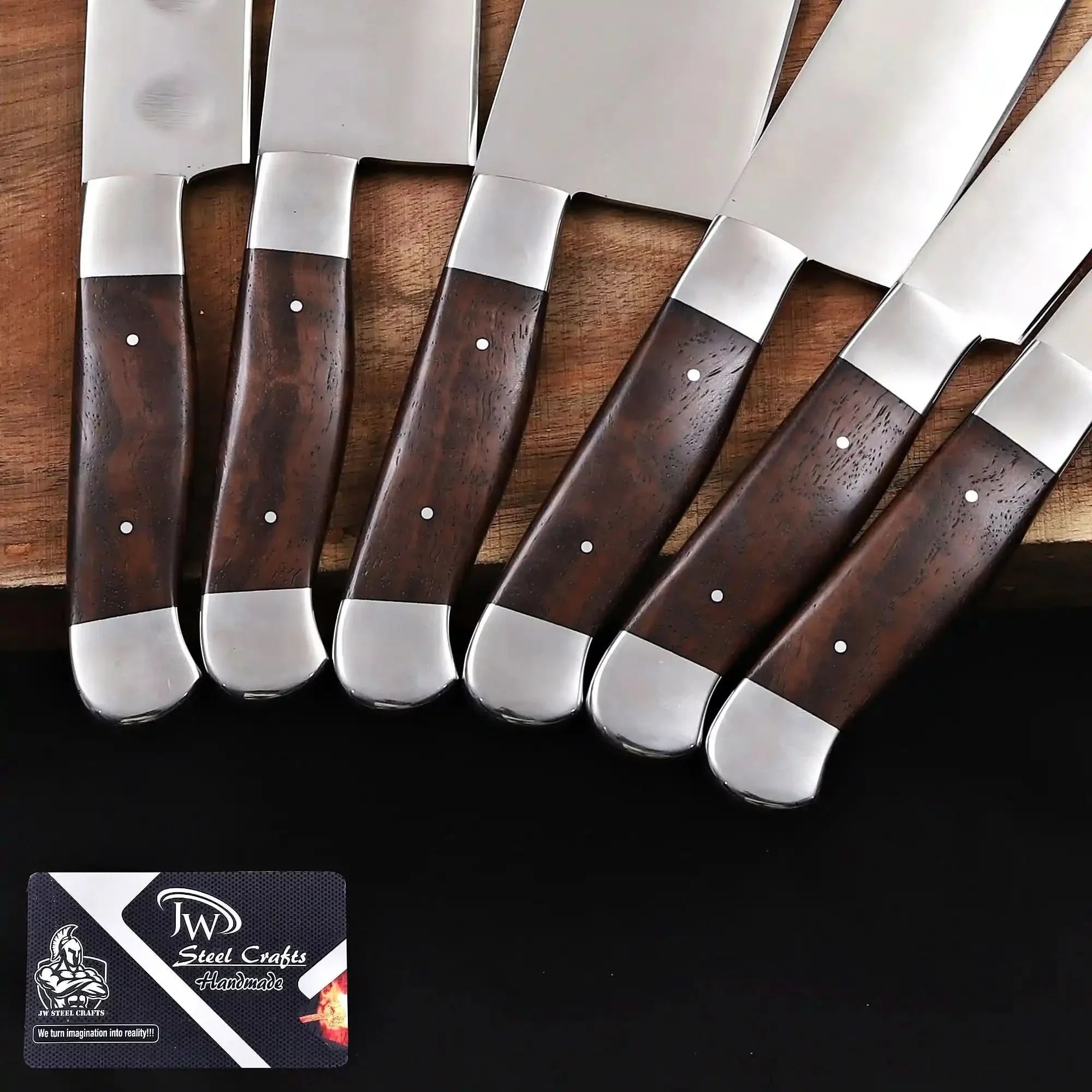 6-Piece High Carbon Steel Kitchen Knife Set with Leather Roll — Olive Wood Handles, Steel Bolsters, 7 to 12 Inc