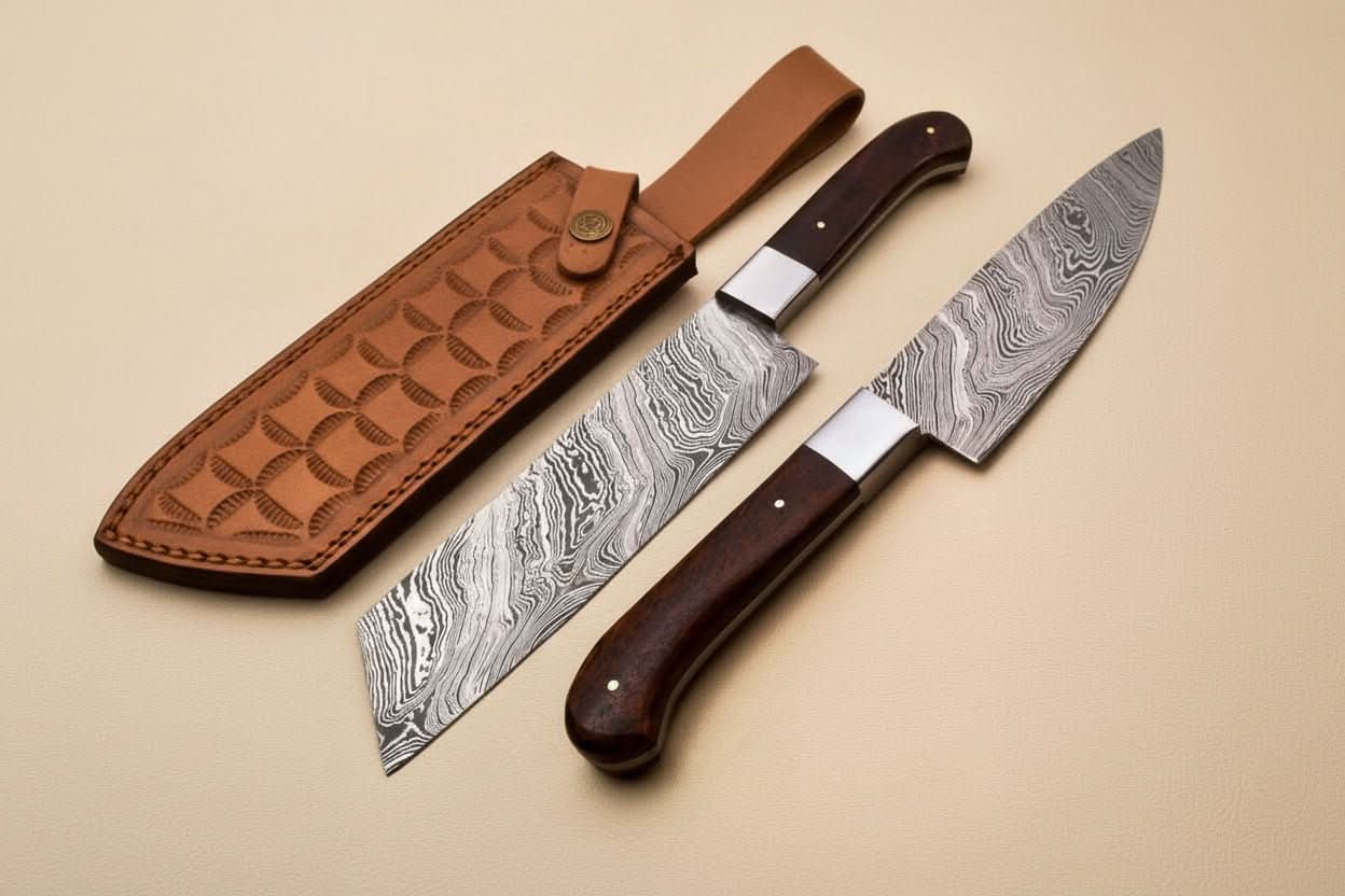Handmade Damascus Kiritsuke Gyuto and Gyuto Knife Set of 2, Japanese Kitchen Knife Set, Forged Damascus Steel Chef Knife Set, Walnut Wood Handles, JW SteelCrafts