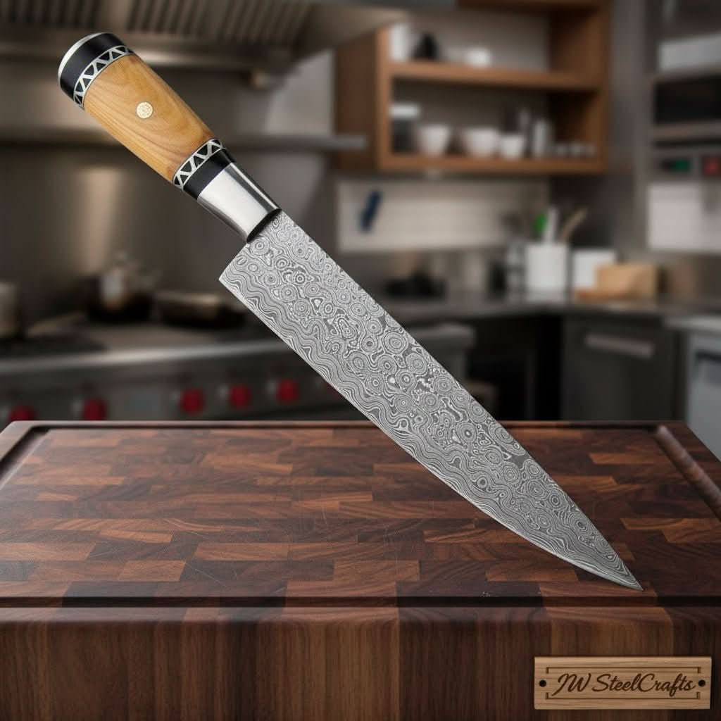 Hand-Forged Damascus Kiritsuke Chef Knife, Japanese Steel with Olive Wood Handle