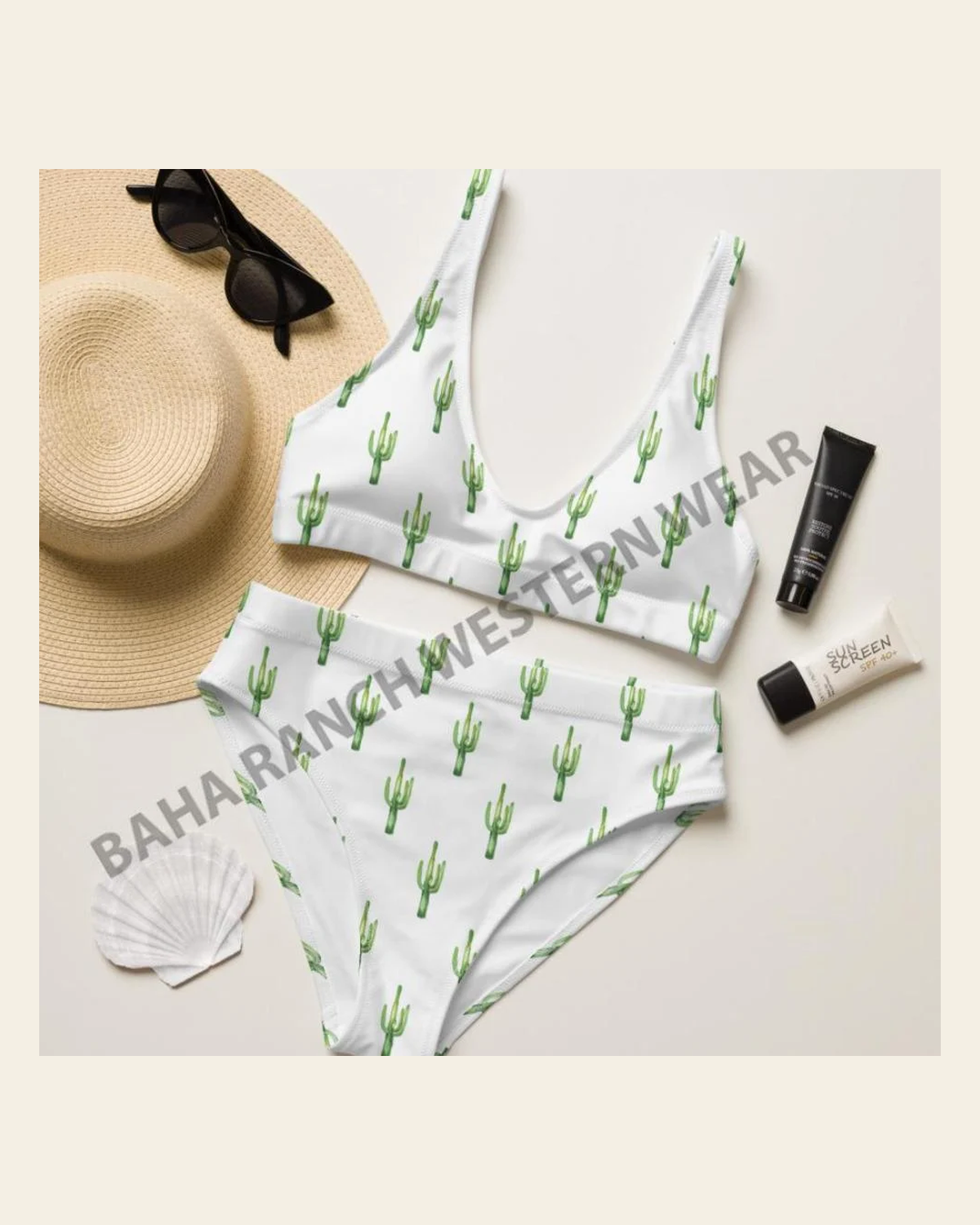 Yeehaw All Over Cactus Bikini on a warm cream background