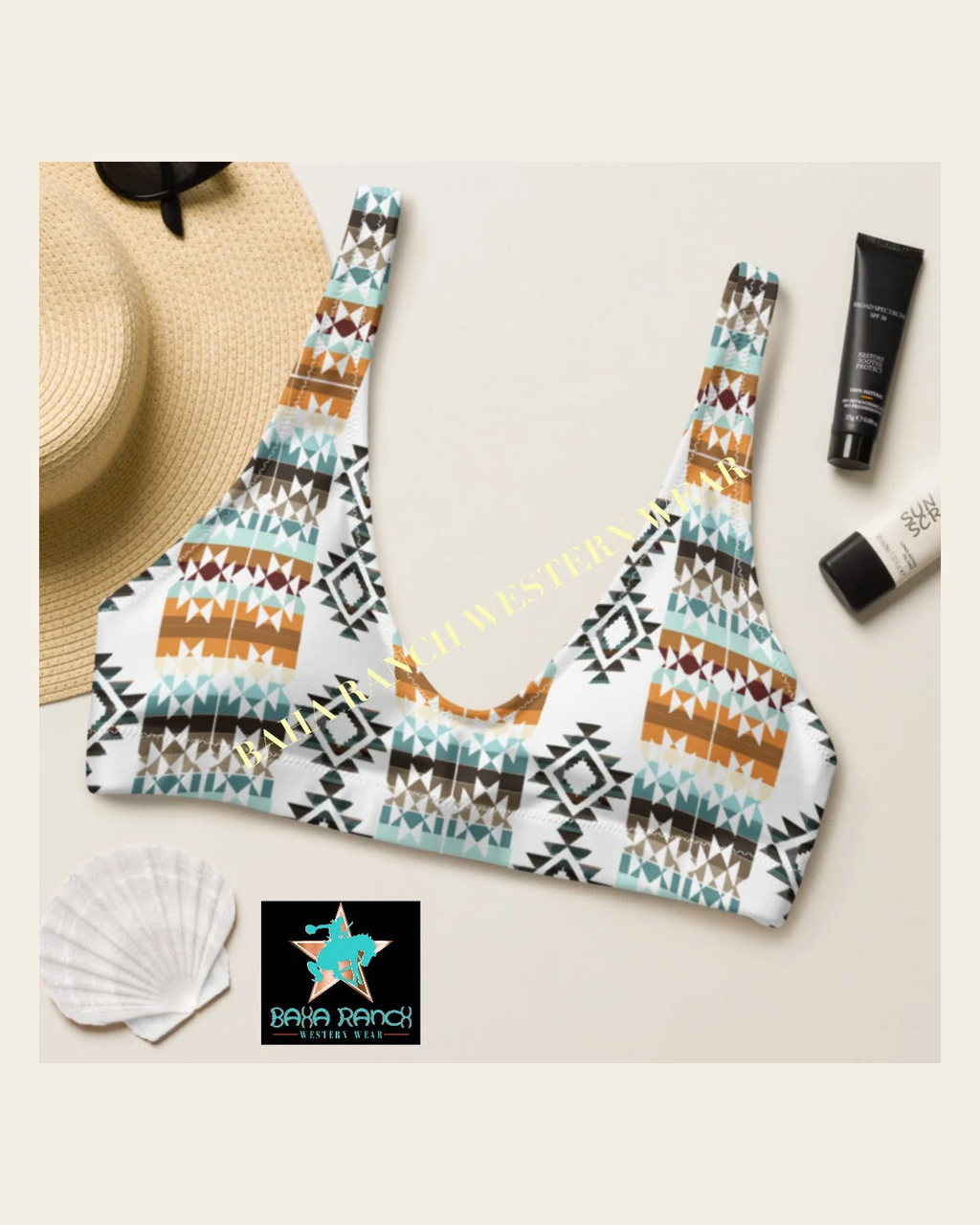 Yeehaw Aztec Print Bikini Top on a warm cream background