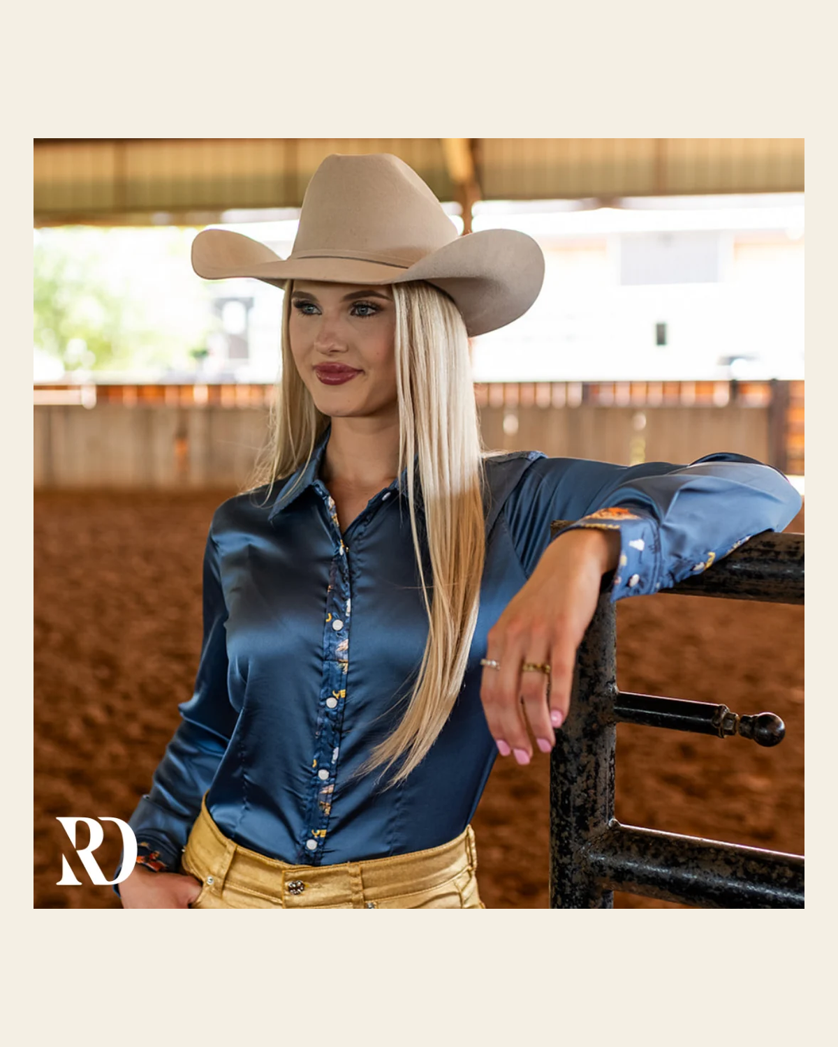 Yeehaw Satin Performance Rodeo Shirt on a warm cream background