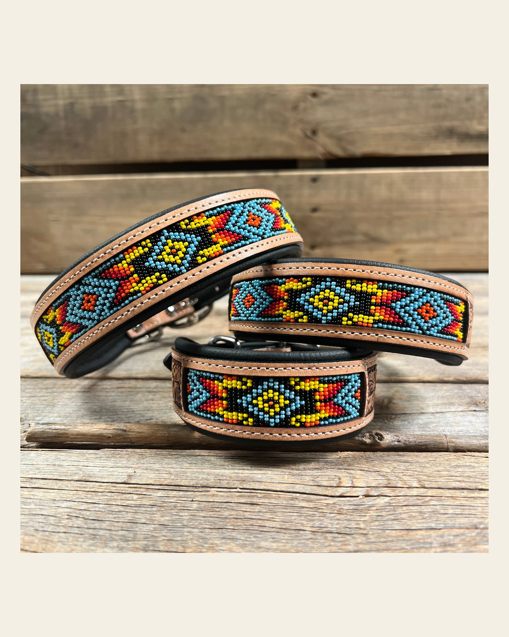 Tooled Yellow Genuine Leather Beaded Dog Collar #DC436 on a warm cream background