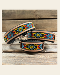 Tooled Yellow Genuine Leather Beaded Dog Collar #DC436 on a warm cream background