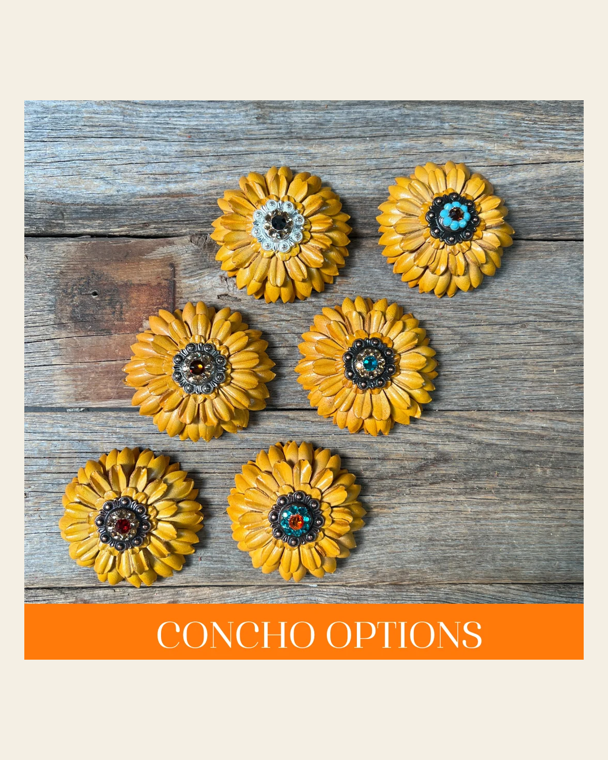 Yellow Daisy Leather Flowers - 1" Crystal Conchos - Options on a warm cream background