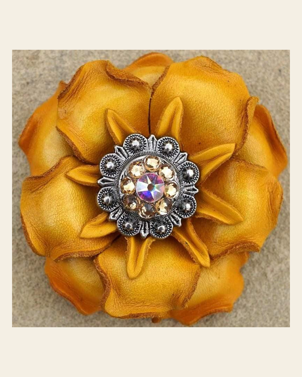 Yellow Gardenia Flower With Antique Silver Champagne & AB 1" Concho on a warm cream background