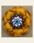 Yellow Gardenia Flower With Copper Topaz, Turquoise & AB 1.25" Concho on a warm cream background