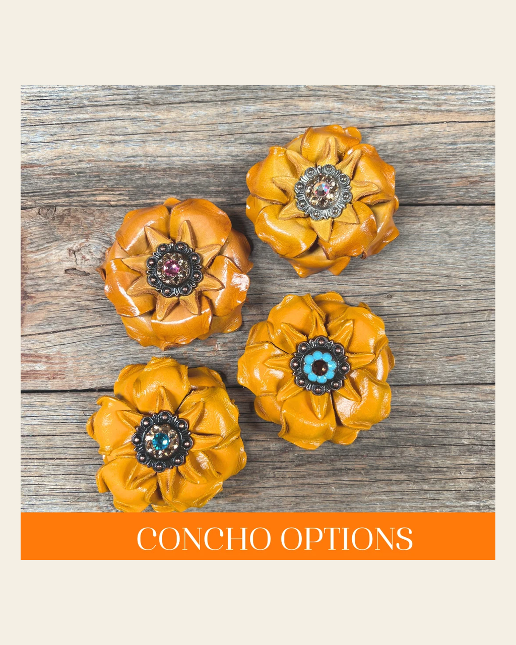 Yellow Gardenia Leather Flowers - 1" Crystal Conchos - Options on a warm cream background