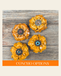 Yellow Gardenia Leather Flowers - 1" Crystal Conchos - Options on a warm cream background