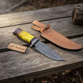 Frontier Clip Point Bowie Knife, Forged Damascus Steel with Colored Bone & Wood Spacer Handle