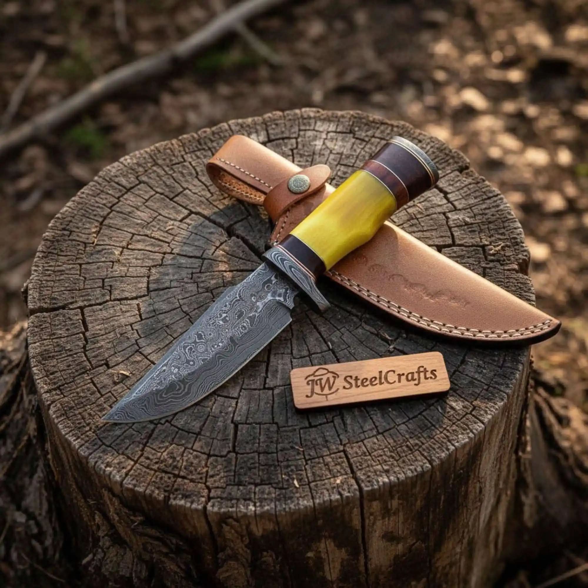 Handmade Hunter Clip Point Bowie Knife Damascus Steel Yellow Handle JW SteelCrafts