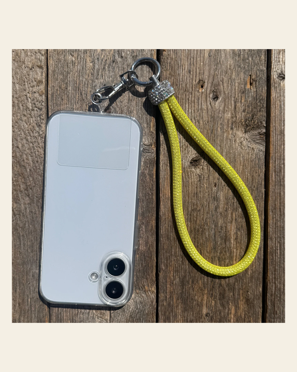 Yellow Rhinestone Cell Phone Wristlet #CPW102 on a warm cream background