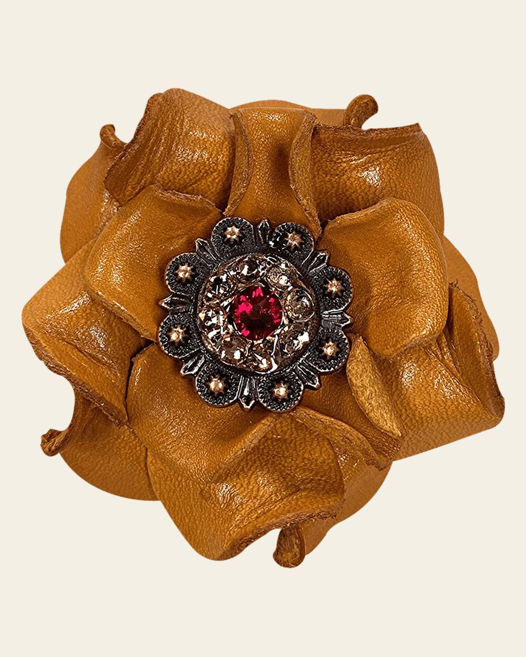 Yellow Rose Flower With Copper Ruby & Champagne 1" Concho on a warm cream background