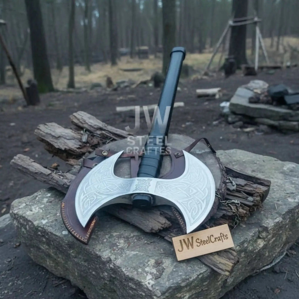 Custom Handmade Double-Headed Viking Axe with Nordic Knotwork Engravings and Cord-Wrapped Handle