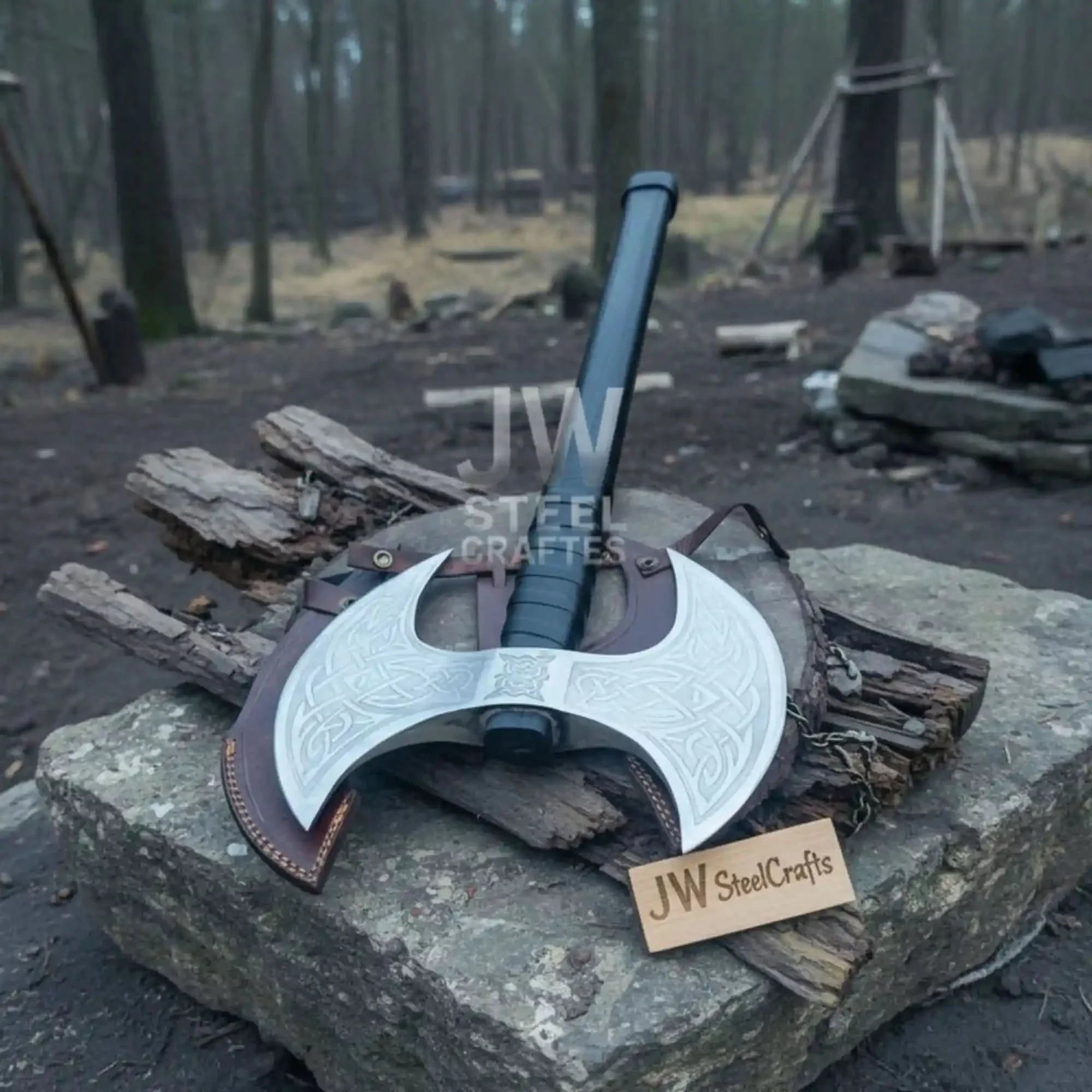 Custom Handmade Double-Headed Viking Axe with Nordic Knotwork Engravings and Cord-Wrapped Handle