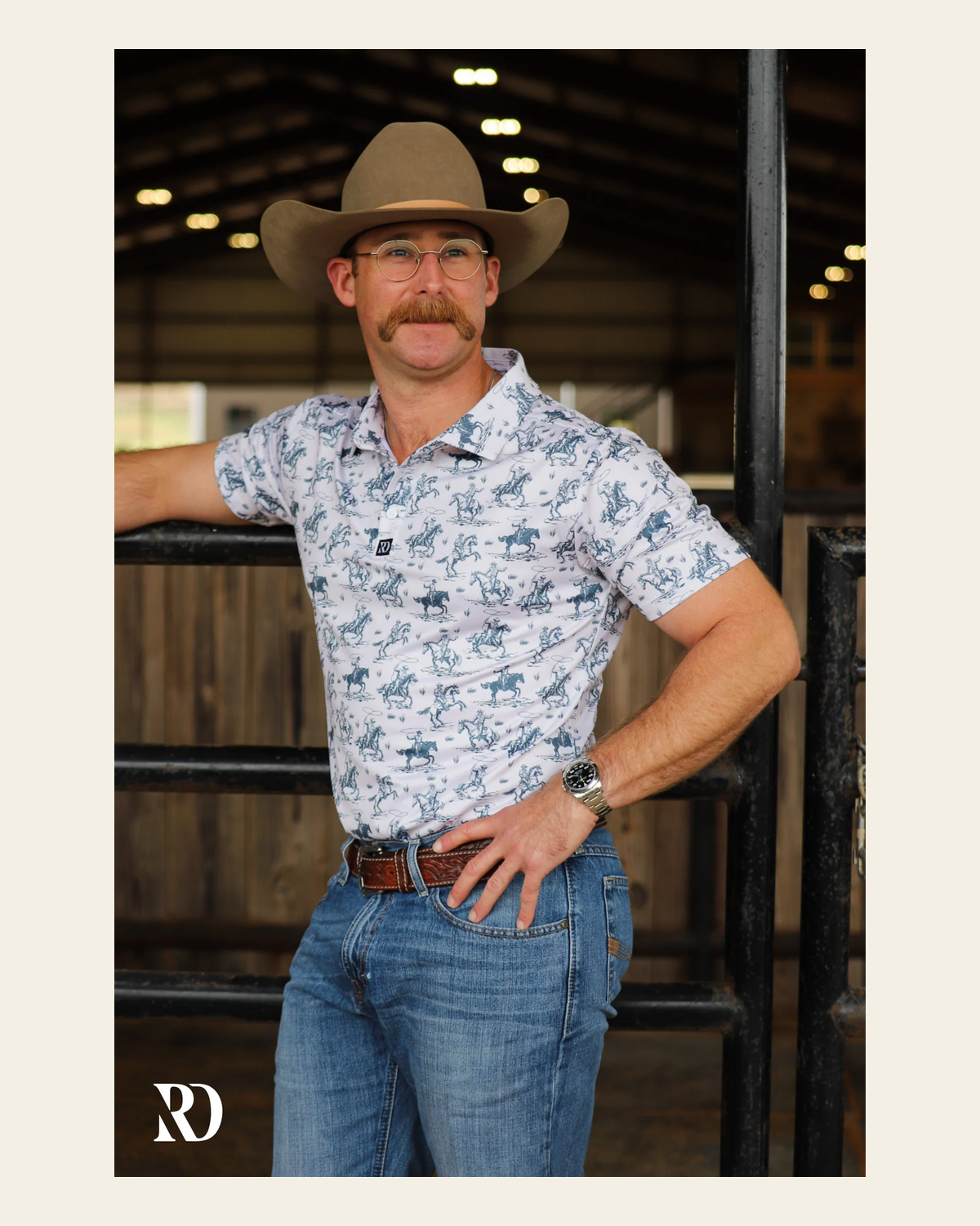 Yippe-ki-yay Men's Performance Polo on a warm cream background