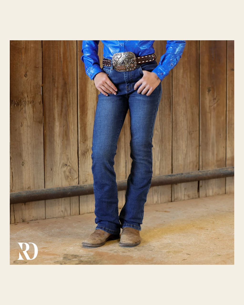 *youth* Barrel Pocket Bootcut - Medium Wash on a warm cream background