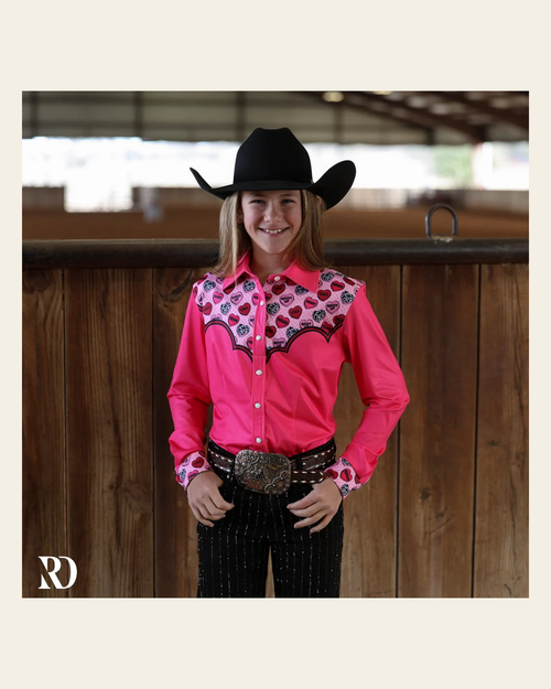 *youth* Cowgirl Conversations Rodeo Shirt on a warm cream background