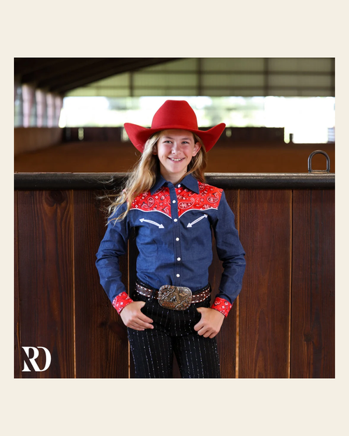 *youth* Denim & Red Bandana Rodeo Shirt on a warm cream background
