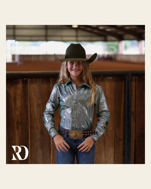 *youth* Dusty Teal Sparkle Performance Shirt on a warm cream background
