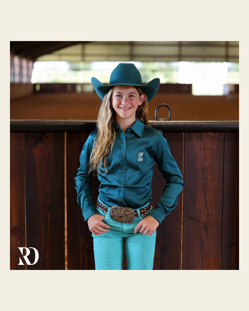 *youth* God Is Good Deep Teal Satin Performance Rodeo Shirt on a warm cream background