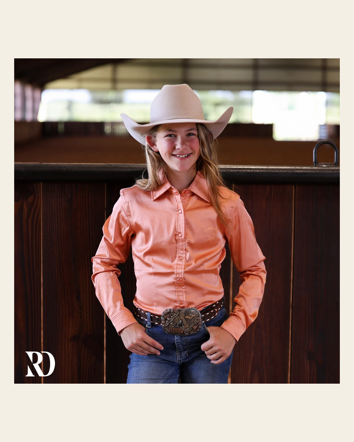 *youth* God On The Mountain Peach Satin Performance Rodeo Shirt on a warm cream background