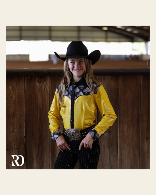 *youth* Gold Spade Sparkle Performance Rodeo Shirt on a warm cream background