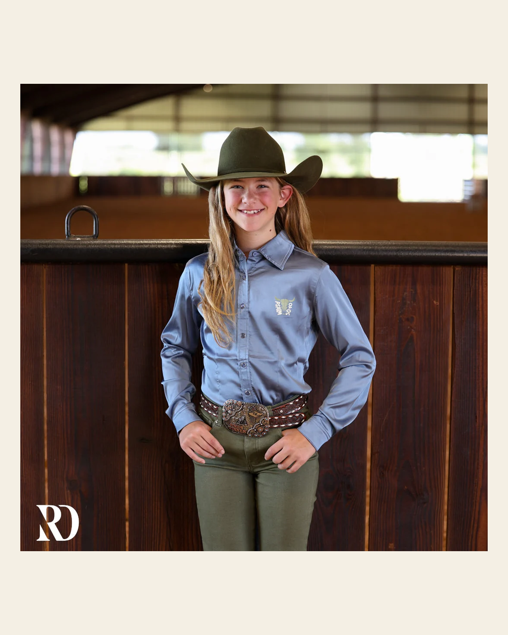 *youth* He Owns The Cattle Dusty Blue Satin Performance Rodeo Shirt on a warm cream background