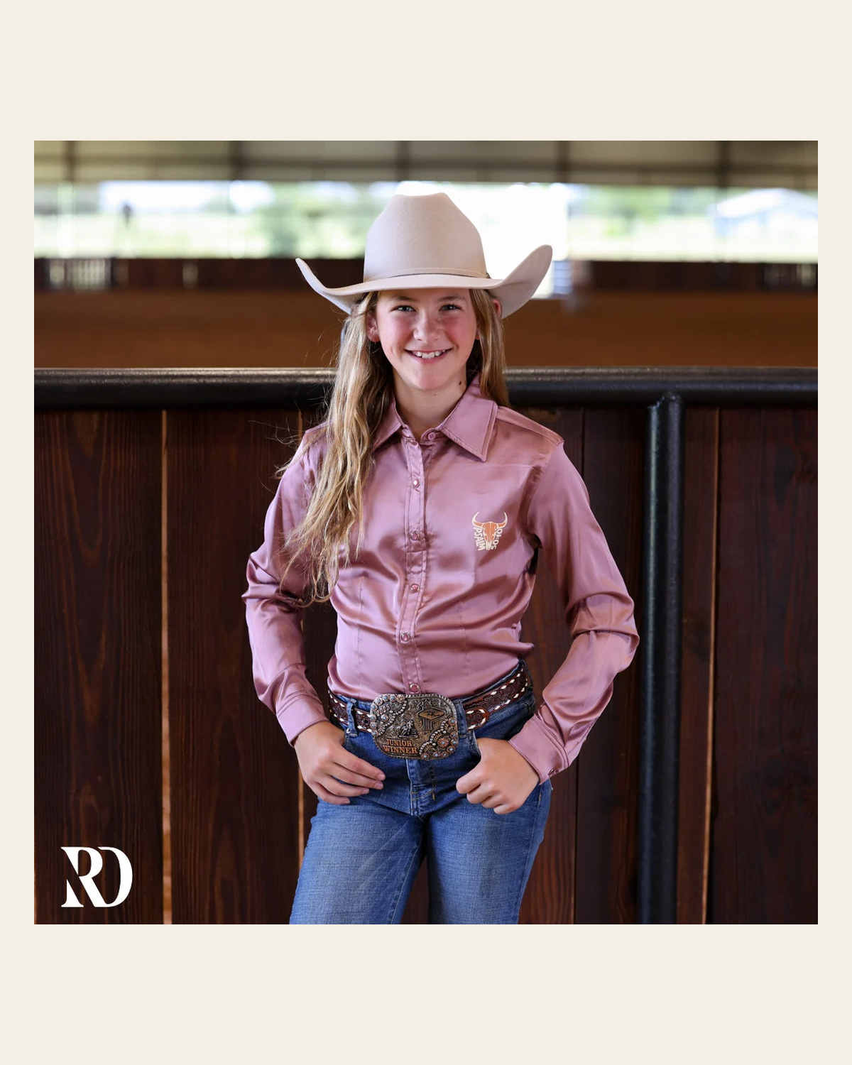 *youth* He Owns The Cattle Mauve Satin Performance Rodeo Shirt on a warm cream background