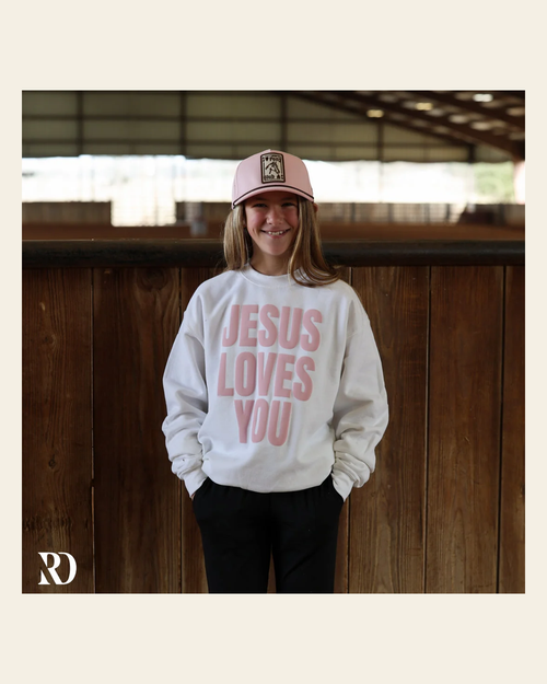 *youth* Jesus Loves You | Crewneck on a warm cream background