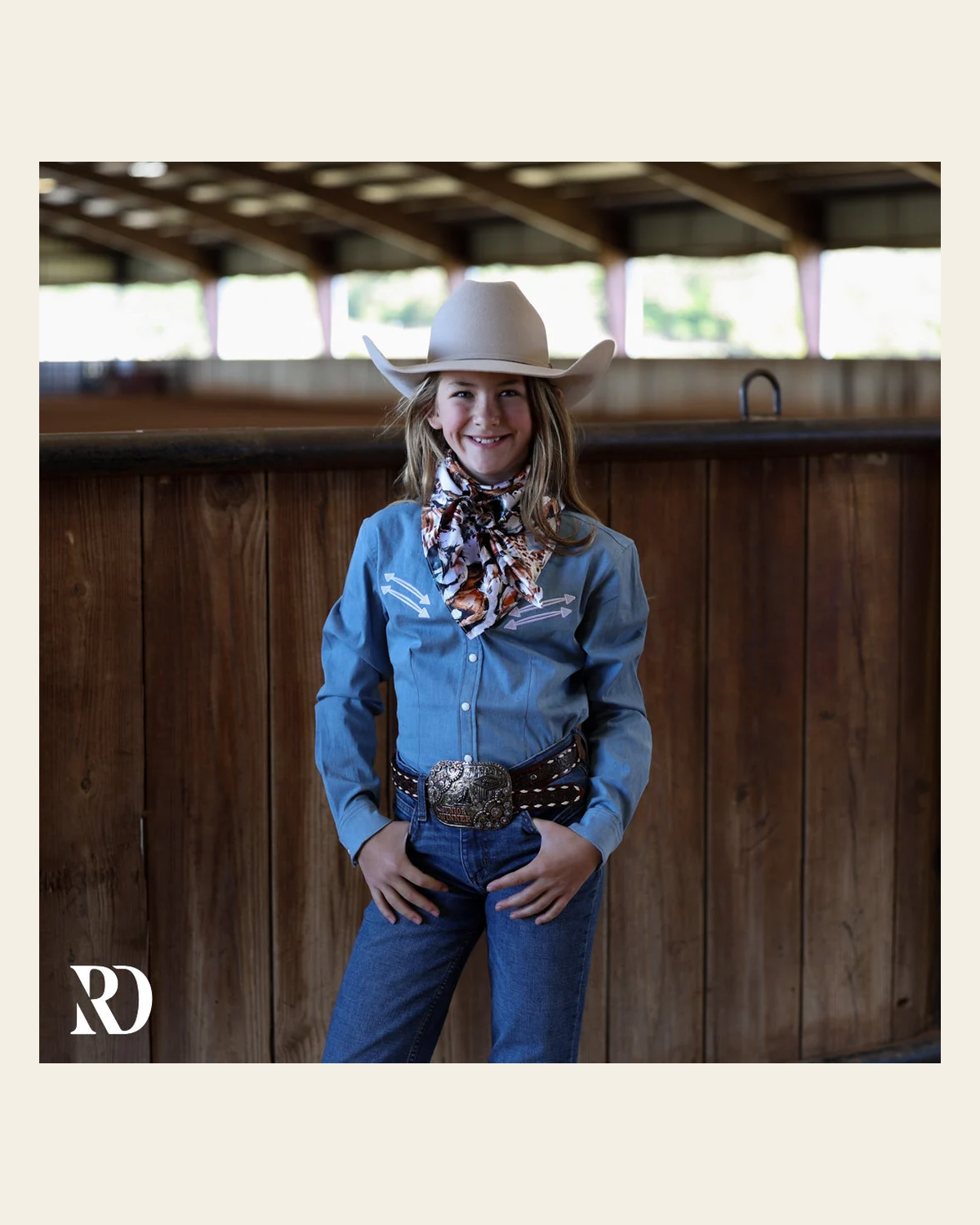 *youth* Light Wash Stretch Denim Stitched Performance Rodeo Shirt on a warm cream background