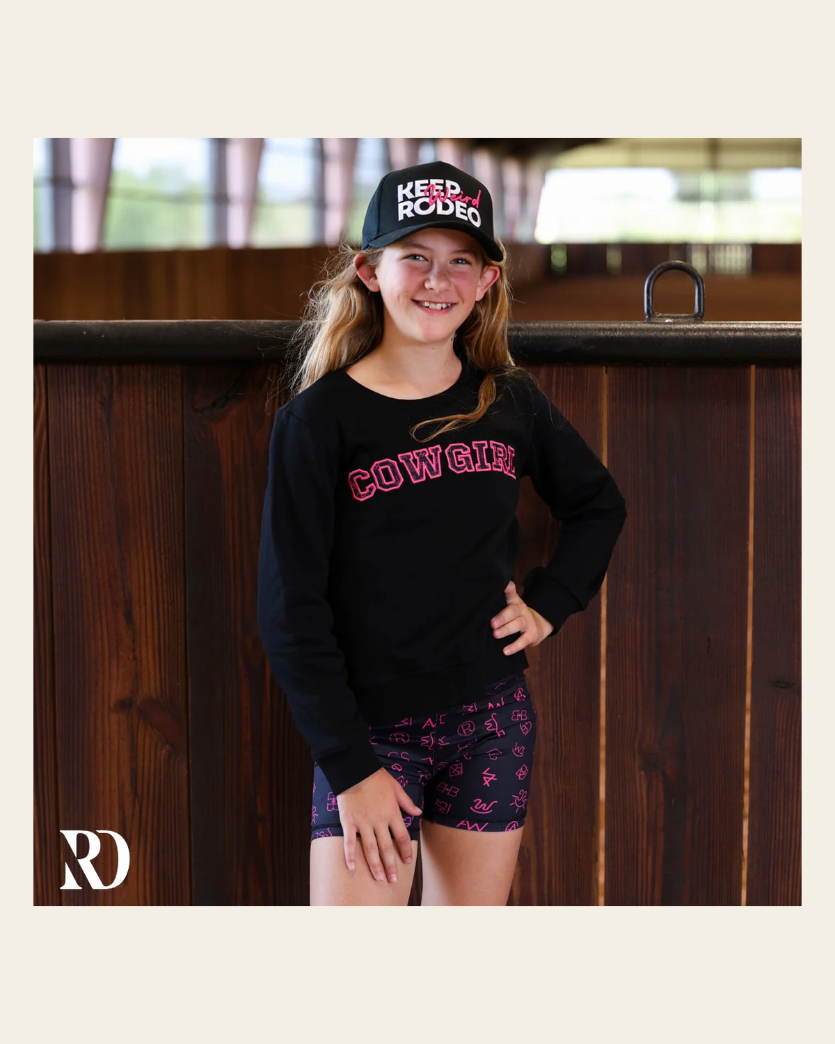 *youth* Pink Cattle Brands | Cowgirl Crewneck on a warm cream background
