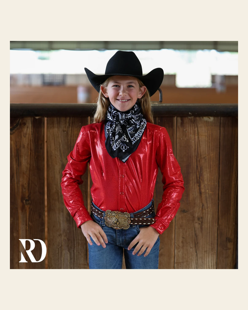 *youth* Red Sparkle Performance Shirt on a warm cream background