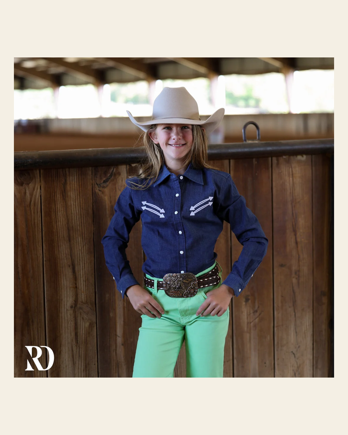 *youth* Stretch Denim Stitched Performance Rodeo Shirt on a warm cream background