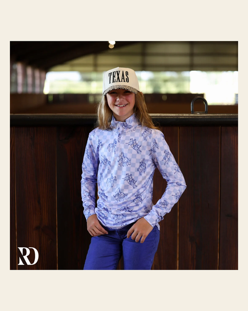 *youth* Sun Shirt | Periwinkle Cowgirl Checkered on a warm cream background