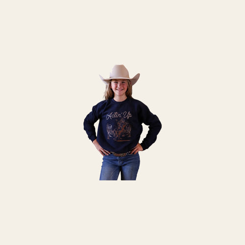 *youth* Actin' Up Cowgirl | Crewneck on a warm cream background