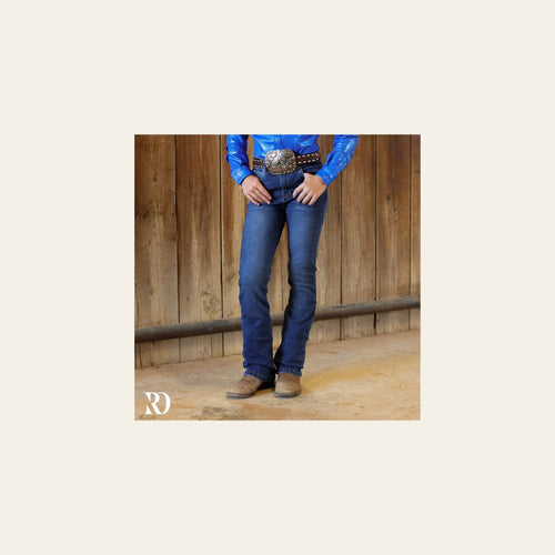 *youth* Barrel Pocket Bootcut - Medium Wash on a warm cream background