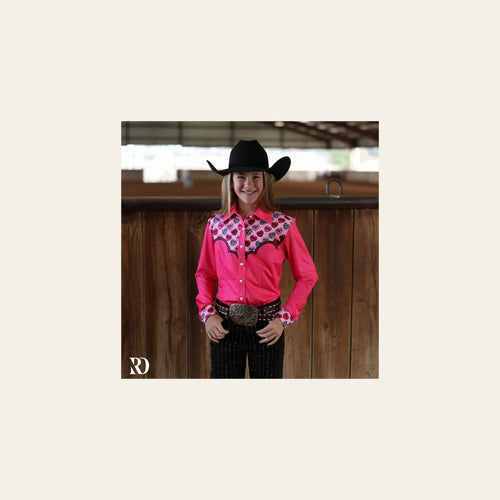 *youth* Cowgirl Conversations Rodeo Shirt on a warm cream background