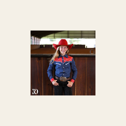 *youth* Denim & Red Bandana Rodeo Shirt on a warm cream background