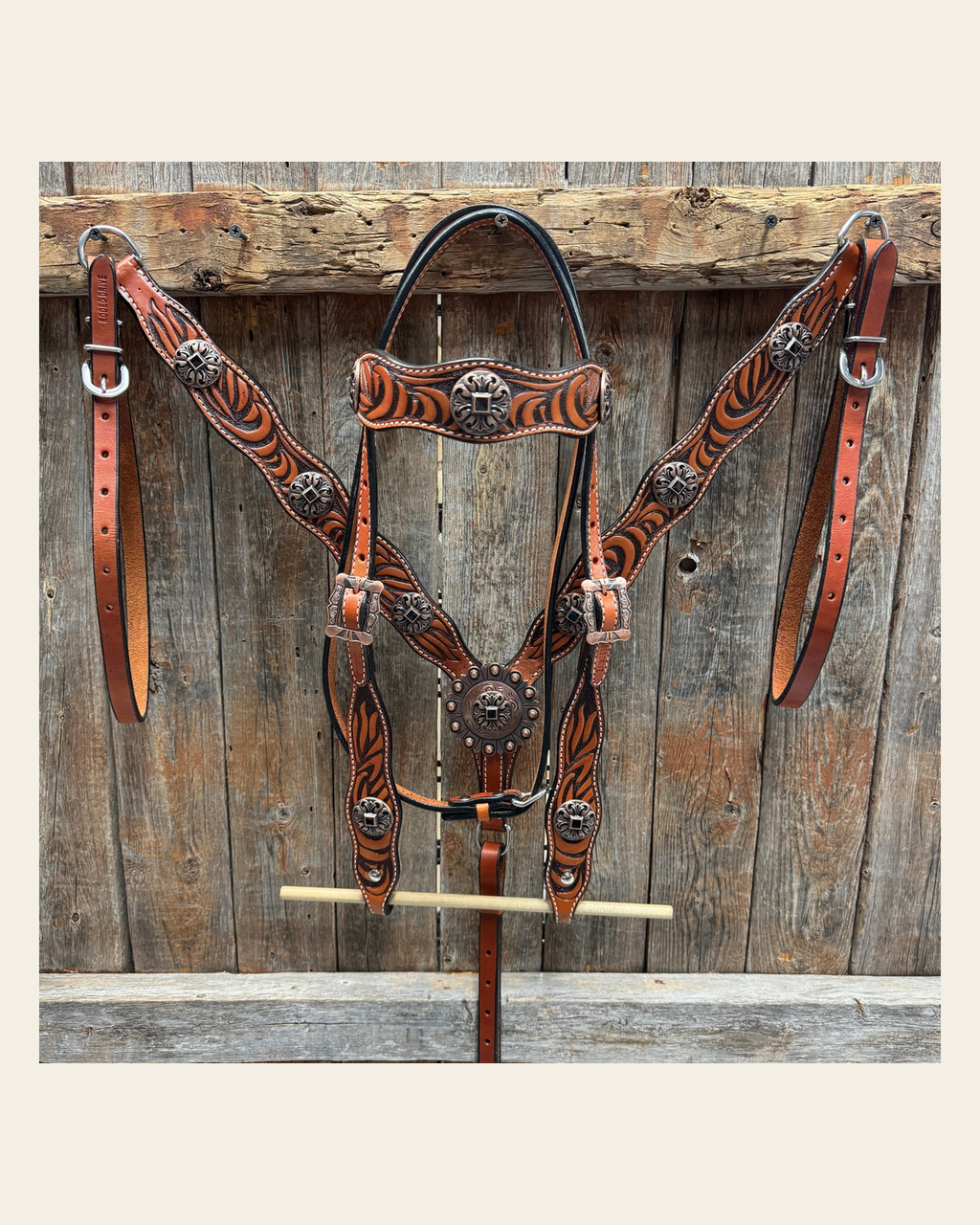 Zebra and Copper Fleur De Lis Browband/One Ear Tack Set #BBBC494 on a warm cream background