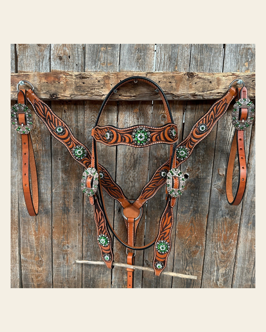 Zebra Green and Clear Browband / Breastcollar Tack Set #BBBC574 on a warm cream background