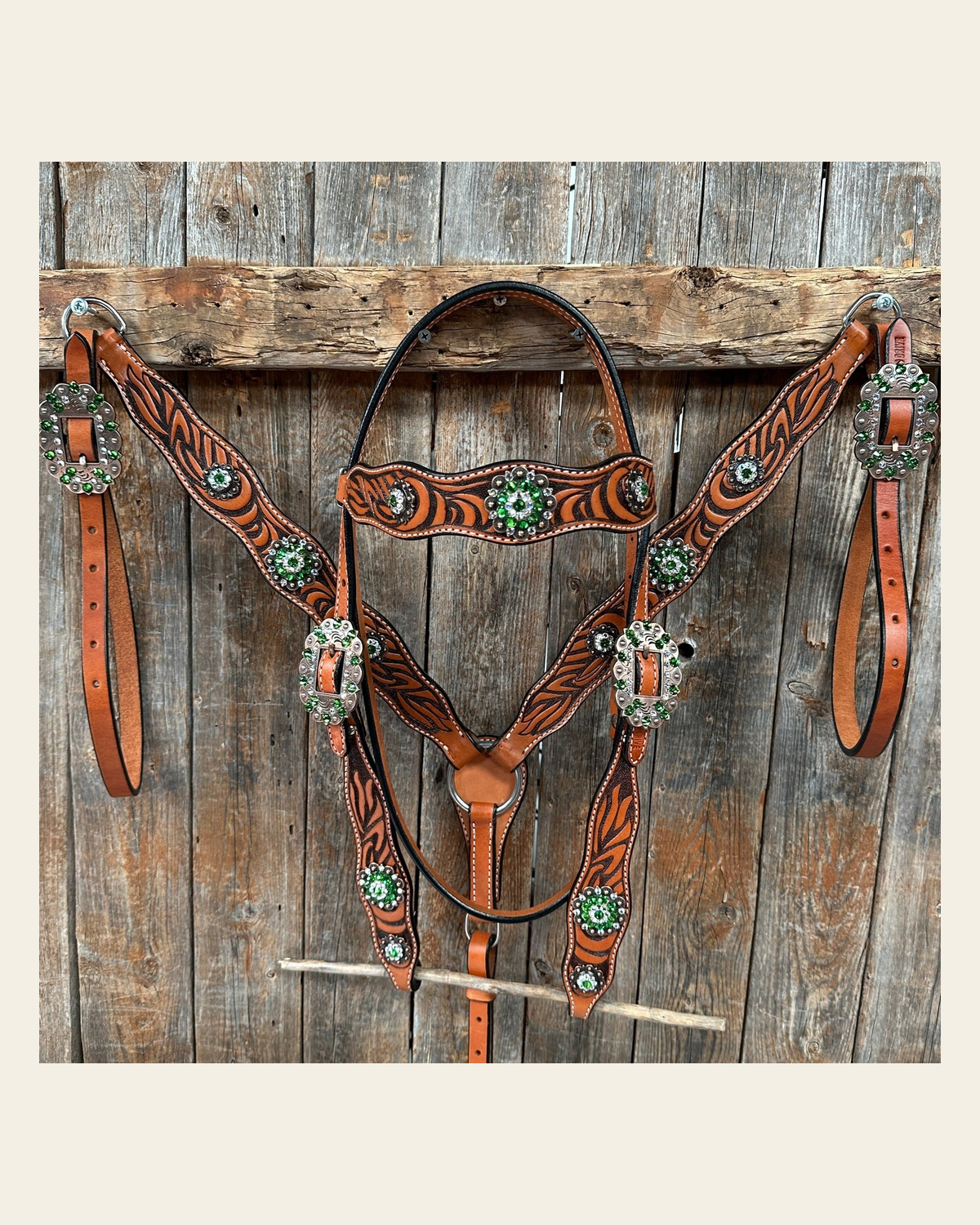 Zebra Green and Clear Browband / Breastcollar Tack Set #BBBC574 on a warm cream background