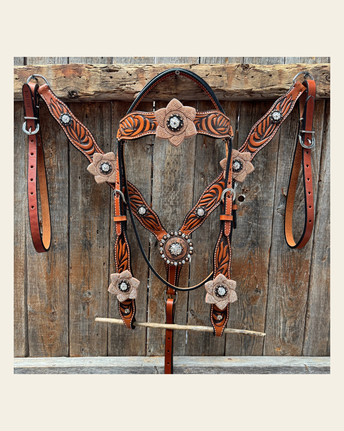 Zebra Rose Gold and Clear Browband / Breastcollar Tack Set #BBBC654 on a warm cream background