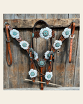 Zebra Turquoise and White Browband / Breastcollar Tack Set #BBBC536 on a warm cream background